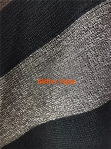 Close-up of chunky knit fabric with metallic yarn details and black grey stripes