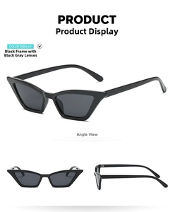 Multi-angle view of vintage black cat-eye sunglasses with dark grey lenses and thick frames