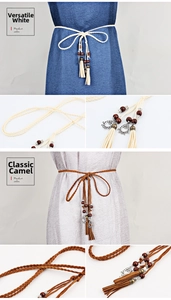 Detail of woven waist cord with tassel and metal charm for Hanfu in white and camel