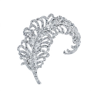 Detailed view of a silver feather brooch with sparkling rhinestones and crystal accents