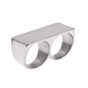 Minimalist double-finger stainless steel ring with polished silver finish in punk style
