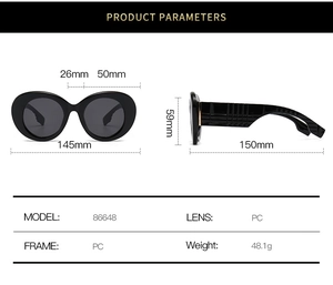 Tableau des tailles pour lunettes de soleil ovales noires avec branches texturées