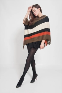 Detailed view of knitted striped poncho with fringe tassels in earth tone colors