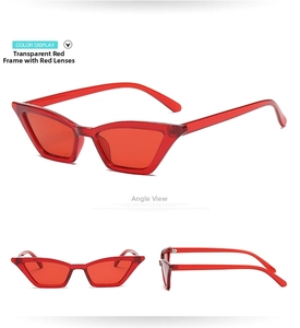 Detailed views of transparent red cat-eye sunglasses with matching plastic lenses