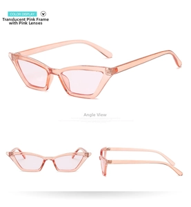 Detailed views of cat eye sunglasses with transparent pink frame and matching lenses