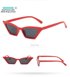 Multi-angle views of red cat-eye sunglasses with dark grey lenses and plastic frame