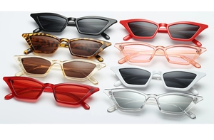 Collection of cat-eye sunglasses in eight colors including black, leopard, and champagne