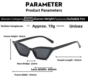 Detailed size chart of cat eye sunglasses including frame width and lens dimensions