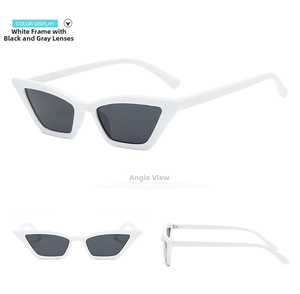 Three-angle view of white cat-eye sunglasses featuring dark grey lenses and plastic frame