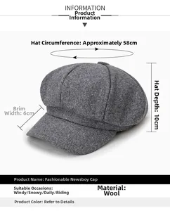 Size specifications for the grey wool newsboy hat featuring brim and depth measurements