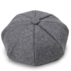 Classic grey wool newsboy cap for women featuring an eight-panel design and wool texture