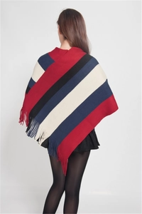 Rear view of striped knit poncho with fringe details showing striped patterns and texture