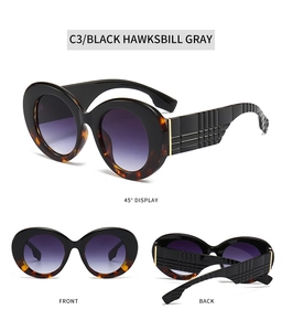Détails de lunettes de soleil rondes avec branches texturées et verres dégradés violets