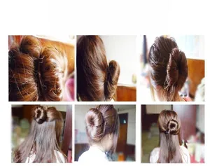Collage montrant diverses coiffures créées avec l'accessoire chignon en éponge