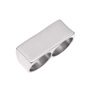 Polished silver stainless steel two-finger ring with industrial geometric design