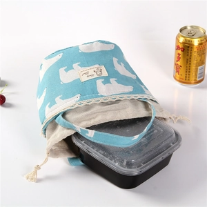 Blue canvas insulated lunch bag with polar bear print and lace trim for containers