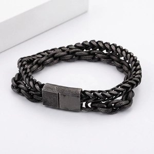Men Layered Bracelet Stainless Steel Curb Chain Mesh Weave Retro Punk Rock Style Titanium Steel Jewelry