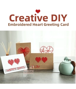 DIY cross stitch heart greeting card kit with kraft paper envelopes and red sewing thread