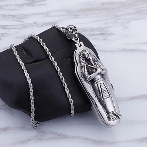 Vintage stainless steel mummy pharaoh coffin pendant with skull detail on twist chain