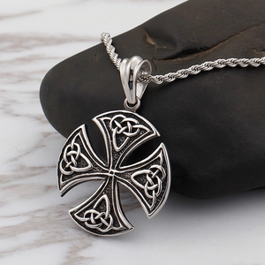Vintage Celtic cross pendant in silver stainless steel with a black woven chain