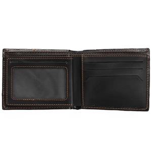 Detailed interior of black leather bifold wallet with orange stitching and ID card window