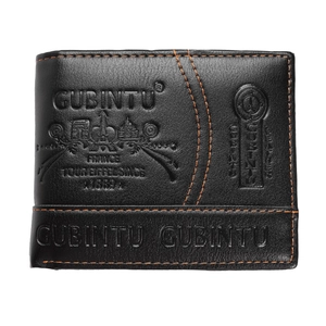 Close-up of black leather wallet with orange stitching and embossed Eiffel Tower detail