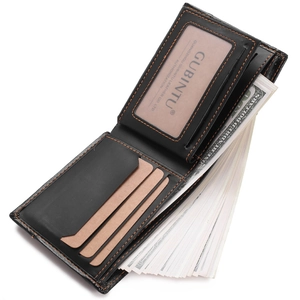 Detail view of the slim bi-fold men's wallet with black leather and orange stitching