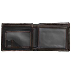 Detail view of men's slim black leather wallet with orange stitching and clear ID window