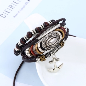 Handmade multilayer leather bracelet with anchor charm and wooden beads in punk style