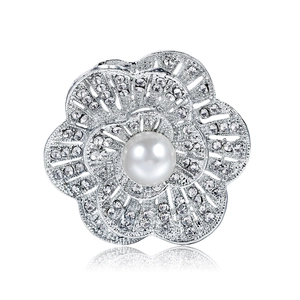 Flower Brooch Pin Hollow Alloy With White Artificial Pearl And Rhinestone For Women Clothing Accessories Elegance Wedding Party