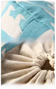 Detailed close-up of blue floral cotton linen bento bag with durable cotton drawstring