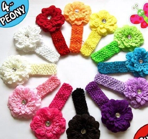 Detailed view of colorful 4-inch fabric peony lace headbands with sparkling rhinestones