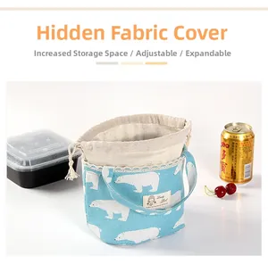 Detail of light blue lunch bag with drawstring closure and expandable storage top