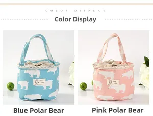 Detailed view of canvas lunch bags with polar bear patterns and drawstring closure