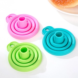 Three colorful collapsible silicone kitchen funnels in pink, green, and blue-green colors