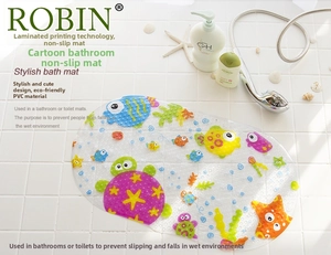 Close-up of PVC bath mat featuring cartoon sea creatures and strong non-slip suction cups