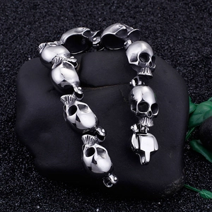 Gothic punk 3D skull link bracelet in polished silver stainless steel for men