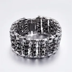 Men 316L Stainless Steel Bracelet Multi Row Skull Head Punk Biker Jewelry Vintage Silver Finish Heavy Gothic Bangle