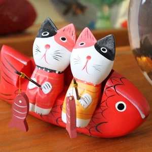 Nordic Handcrafted Painted Wooden Fishing Cat Ornaments Set Decorative Cat Figurine Couple For Home Office Desk Decoration