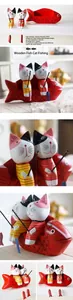 Nordic wooden cat fishing figurine set with hand-painted striped cats on red fish base