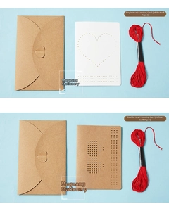 DIY cross stitch greeting card kit with kraft paper, red thread, and heart shaped patterns