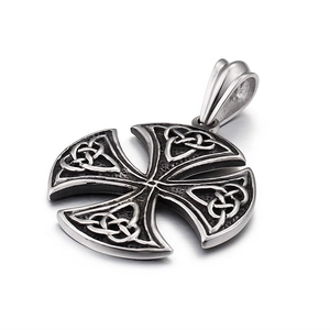 Vintage stainless steel Celtic cross pendant with intricate woven textures and silver finish