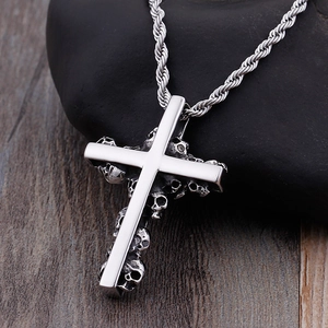 Mens gothic cross pendant necklace with skull details on polished stainless steel