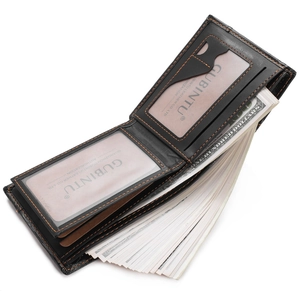 Detail view of bi-fold black leather wallet with orange stitching and cash compartments