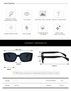 Detailed specs of square sunglasses showing UV400 protection and frame measurements