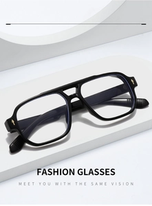 Detail of square black frame glasses with double bridge and golden metal arrow hinge