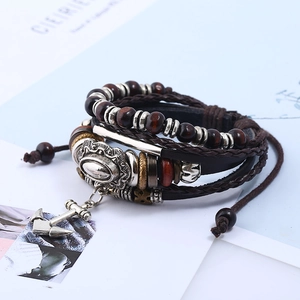 Handmade multilayer leather bracelet with wooden beads and vintage anchor nautical charm