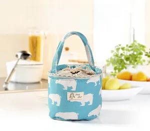 Detail of insulated drawstring lunch bag with polar bear print and widened handle