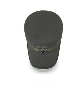 Detailed top view of an olive green canvas military cadet cap with U.S. Naval gold embroidery
