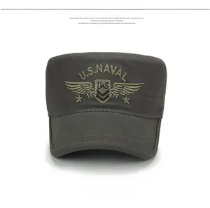 Detailed embroidery of U.S. NAVAL logo and winged shield on canvas cadet cap